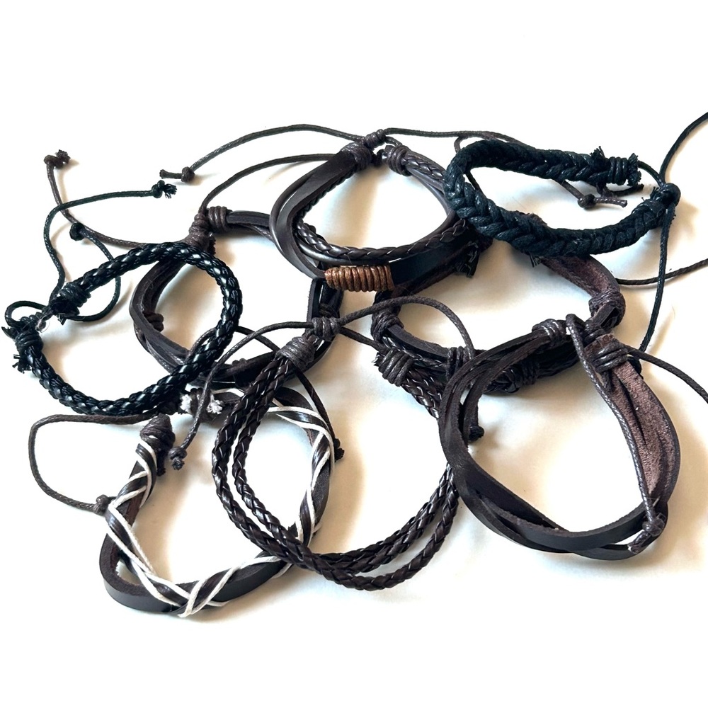 Lot of 8 of Brown and Black Braided Tied Fabric Bracelets Rope